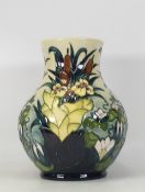 Moorcroft Baluster shaped vase, Lamia Bullrush pattern, designed by Rachel Bishop. 24cm high, boxed