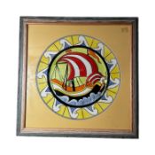 Large Lorna Bailey prototype Galleon Charger, dated 2001, in oak frame, overall size 60m x 60cm.