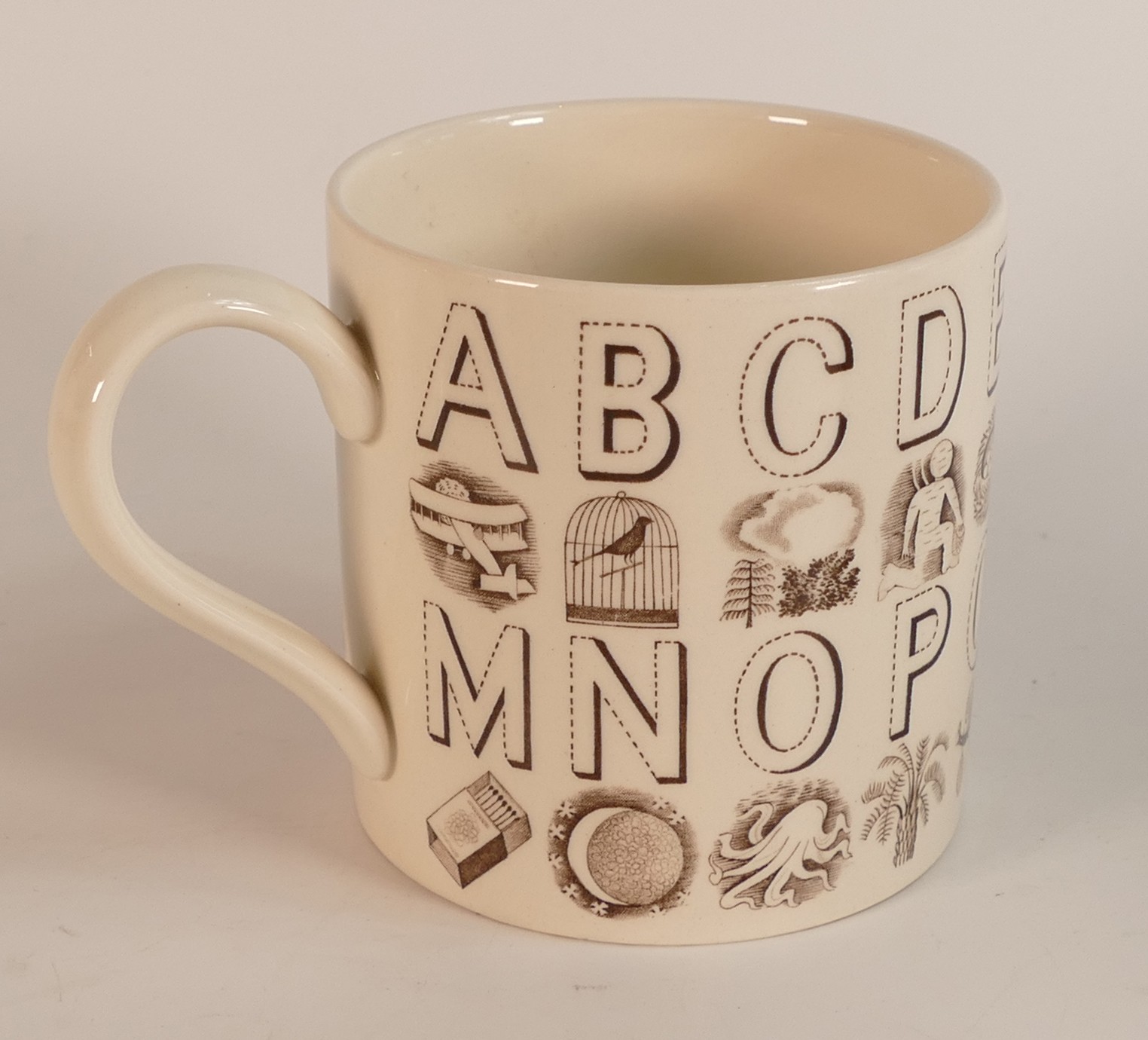 An original Wedgwood pottery Alphabet mug, designed by Eric Ravilious, printed in sepia on a white - Image 3 of 4