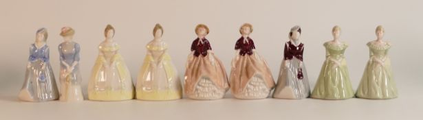 Nine unpainted Wade Fair Lady figures. All in glazed colours with undecorated features. All