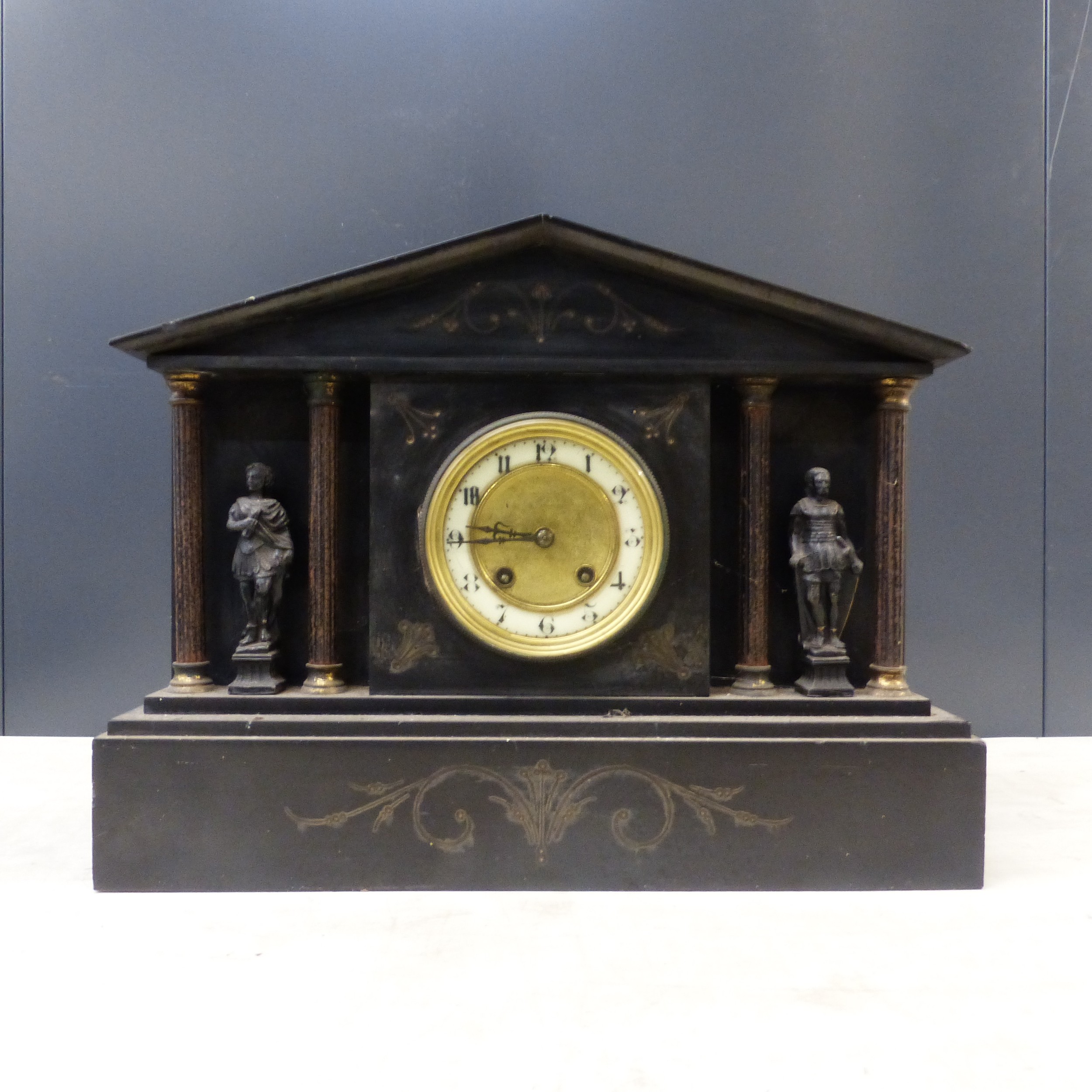 20th Century Polished Slate Mantle Clock Measures H32cm x W41.5cm approx