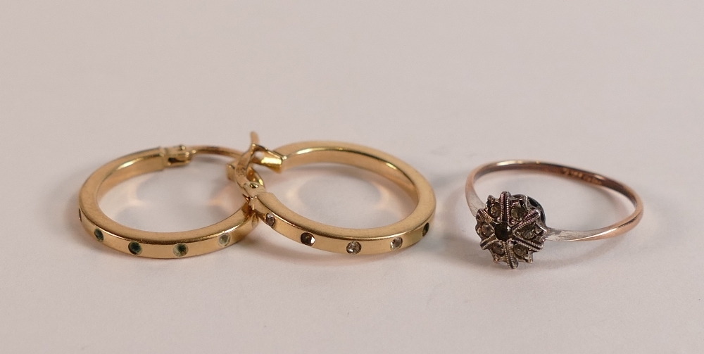 Pair 9ct gold earrings and 9ct gold ring set with white stones, 2.6g.