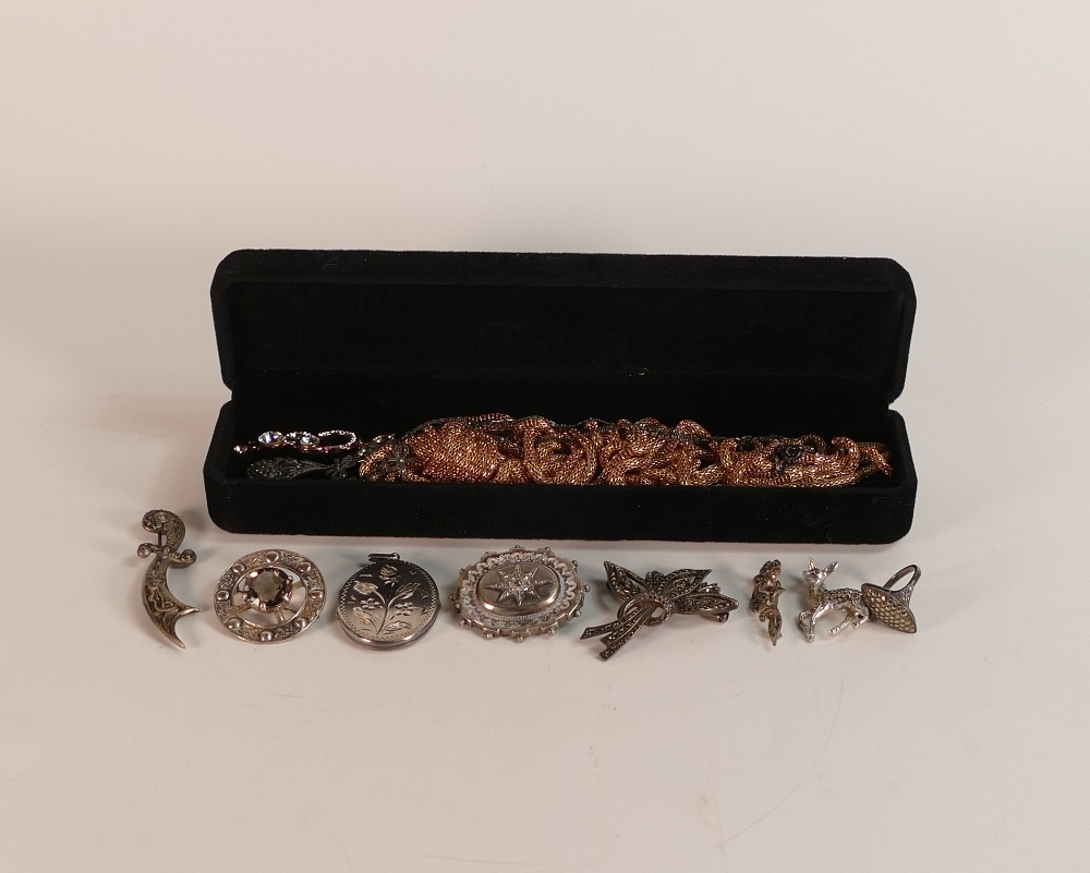 A collection of ladies costume jewellery including Marcasite brooches, Silver brooches, gold