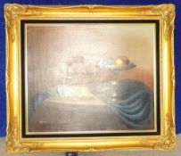 R. Cosson (Contemporary), Still Life of Fruit, Comport and Glass. Oil on Canvas in Gilt Frame.