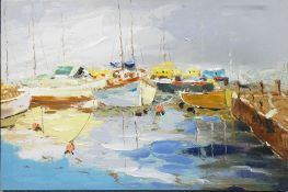 A Modern Textured Print on Canvas depicting Harbour with Boats. Height: 60cm Width: 90cm