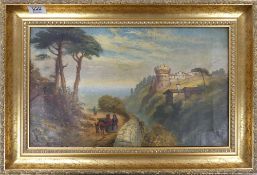 J. A. Free (19th Century) Continental Coastal Town Landscape. Oil on board. Original stretcher