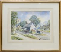 Gordon LEES (b.1933) Rural English Churchtown Scene. Watercolour on paper. Framed behind glass. Size