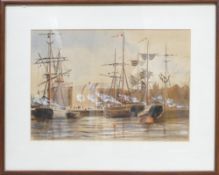 An Early 20th Century Watercolour of Ships at Port. Watercolour on Paper. Framed behind Glass.