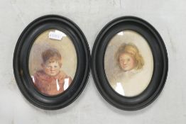 Two Late 19th/20th Century Signed Child Portrait Watercolours on Paper. In ebonised frames. Both