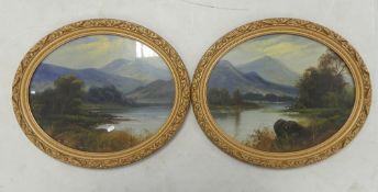 Unknown (20th Century) Two Oval English Mountain Landscapes. Oil on baord. Framed behind glass. Size