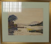 Reuben Matthews watercolour - lake landscape, signed. 62 x 40cm excluding mount & frame.