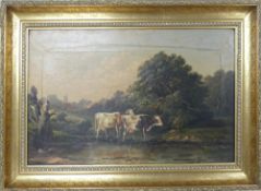 Unknown (19th Century) Wading Cattle Scene with Windmill in the distance. Oil on board. Original