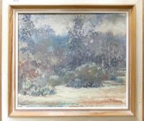 Kit HALL (English, 20th Century) 'Camp Hill Feb 64'. Scene of Large Trees and Bushes. Oil on