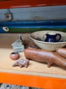 A sundry lot to include jugs and two 1970s teak Rhinos