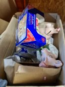 A mixed box of collectables, including books, Lurpak, Nat West pigs, vintage lighting, etc