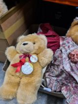 Two boxes of plush toys and dolls, teddies, etc