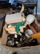 A box of mixed collectables including ceramics, metalware, lighters, ash trays, McDougall's flour fi
