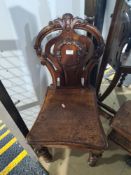 A reproduction mahogany cheval mirror, a Victorian wall chair and a carved oak box