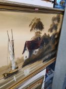 Ken Hammond, a large oil of sailing boat beside house, 113 x 44.5cm and 2 other small oil paintings