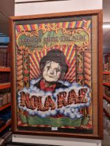 An original theatre poster (1977) by Matthew Ridout "Mime Artist Nola Rae" in frame, 55.5 x 75cm