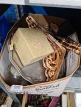 A box of mixed items including metalware, clocks, etc