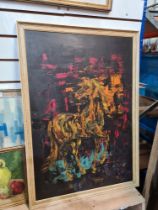 An oil of a horse, two other oils and a limited edition print of boats in stormy waters