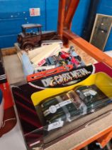 A selection of diecast, train badges, etc, vintage games, etc