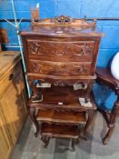 A reproduction mahogany 2 drawer bedside cupboard and similar nest of 3 coffee tables