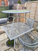 Two modern garden tables with 4 chairs and sundry