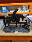 A reproduction bronze of huntsman on horse with dog after Mene, 34cm