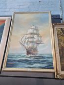 A model painting of masted ship, signed Hyden, 59.5 x 90cm and one other oil of woodland scene