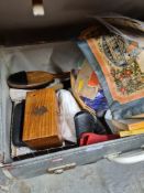 Suitcase of vintage clothes, linen, books, matchboxes and spectacles