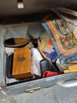 Suitcase of vintage clothes, linen, books, matchboxes and spectacles