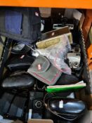 Cameras, etc, 4 trays of old cameras, some SLR examples and other photographic equipment