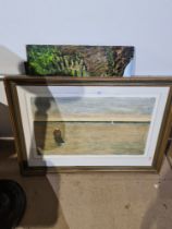 A selection of pictures and prints including a brass tray