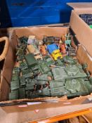 Two boxes of mixed Military die cast to include Dinky examples, various trains and accessories