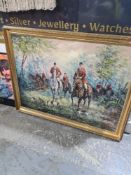 A large modern oil of hunting scene, figures and horses with dogs, signed Rabous, 100cm x 75cm