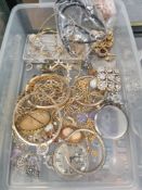 Tray of costume jewellery to incl. plated bangle, silver earrings, brooches, silver and amethyst ear