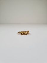 9ct yellow gold dress ring set 3 cushion cut Citrines, size Q, marked 375, Birmingham 2.93g approx