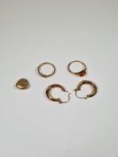 Pair of yellow metal hoop earrings, 9ct gold 'LOVE' ring and another 9ct gold ring set with amber, e