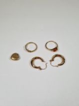 Pair of yellow metal hoop earrings, 9ct gold 'LOVE' ring and another 9ct gold ring set with amber, e