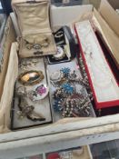 Tray of vintage and modern costume jewellery including silver brooches, silver ring, silver cross be