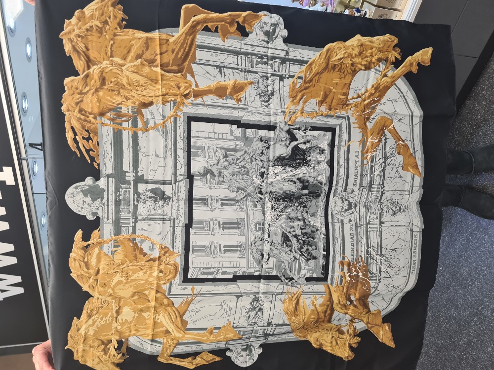 A Hermes silk scarf decorated Fountain and Building "La Fontaine De Barhold", 89cm x 89cm