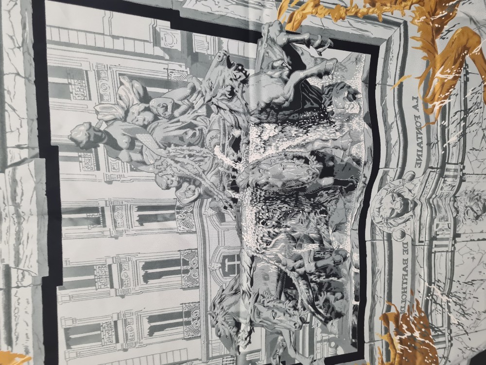 A Hermes silk scarf decorated Fountain and Building "La Fontaine De Barhold", 89cm x 89cm - Image 2 of 4