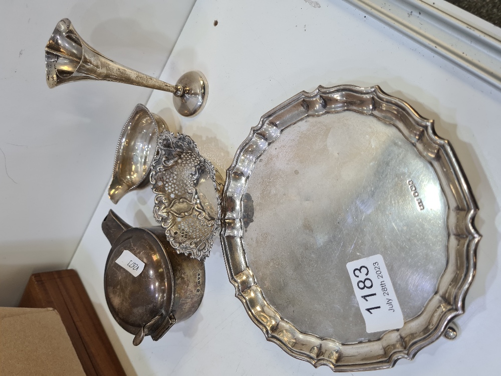 A Thomas Morley silver toddy ladle bowl AF, with a small silver tray and pierced silver dish, a smal