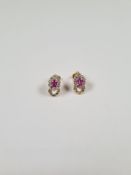 9ct yellow gold clip on earrings, with diamond chips and ruby clusters, marked 375, approx 2.58g