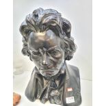 A large black painted plaster bust of Beethoven, signed S Setto, 1915, 39cm
