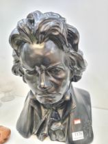 A large black painted plaster bust of Beethoven, signed S Setto, 1915, 39cm