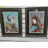 A pair of modern Japanese woodcuts of Geisha girls, signed