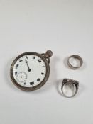 A silver pocketwatch, and two rings